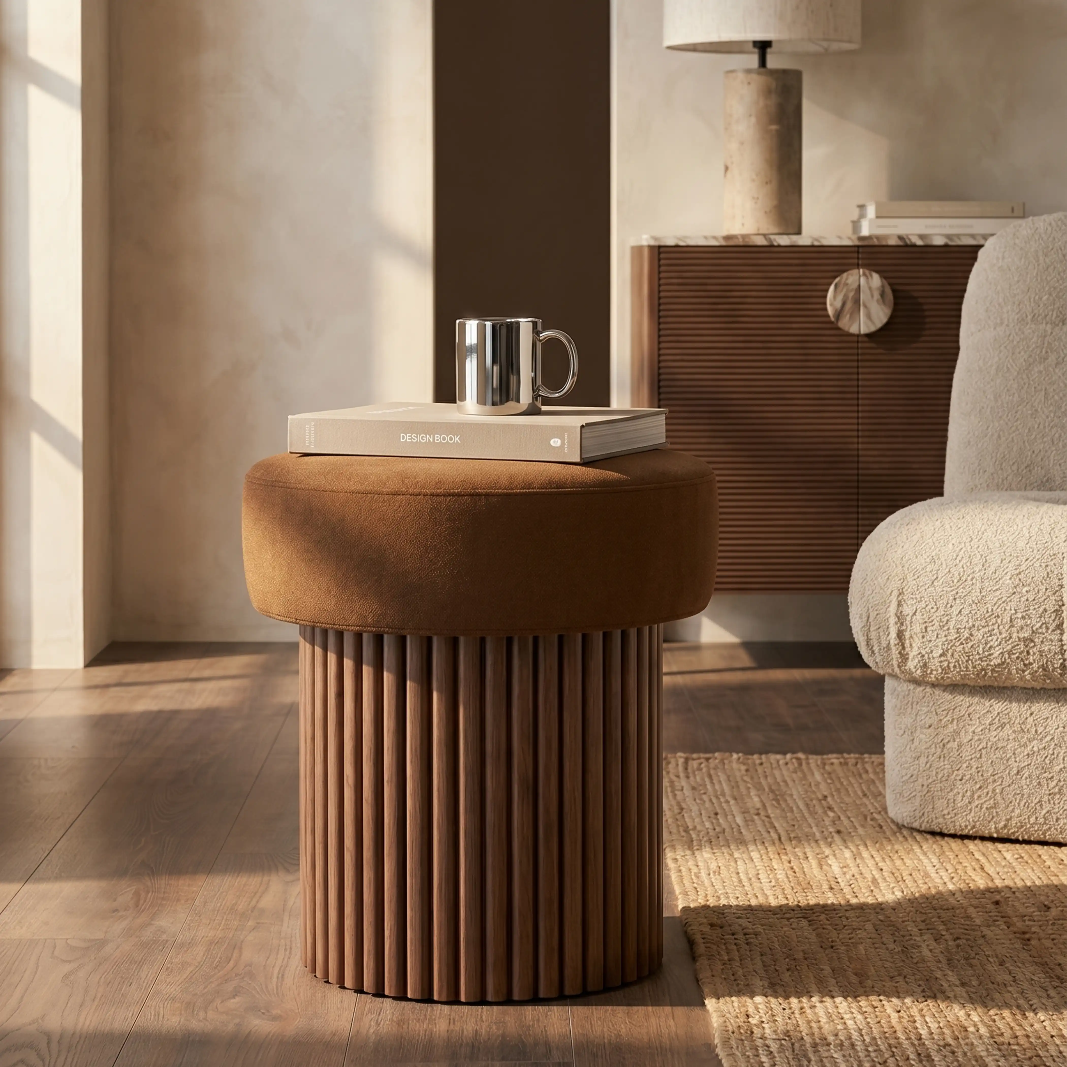 Alexis Storage Pouffe | Caramel Brown Sustainable Mohair Velvet & Walnut - Image 2