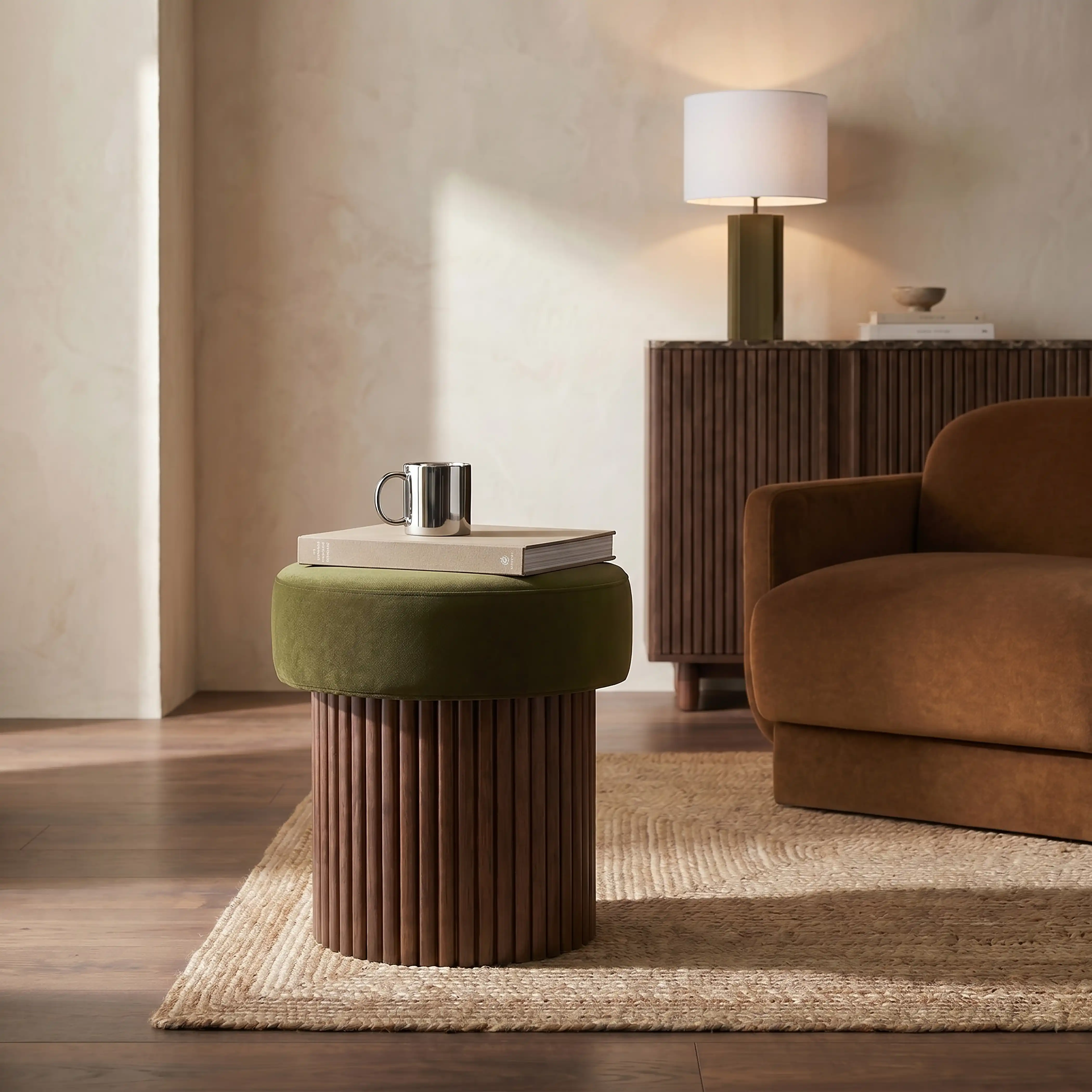 Alexis Storage Pouffe | Moss Green Sustainable Mohair Velvet & Walnut - Image 2