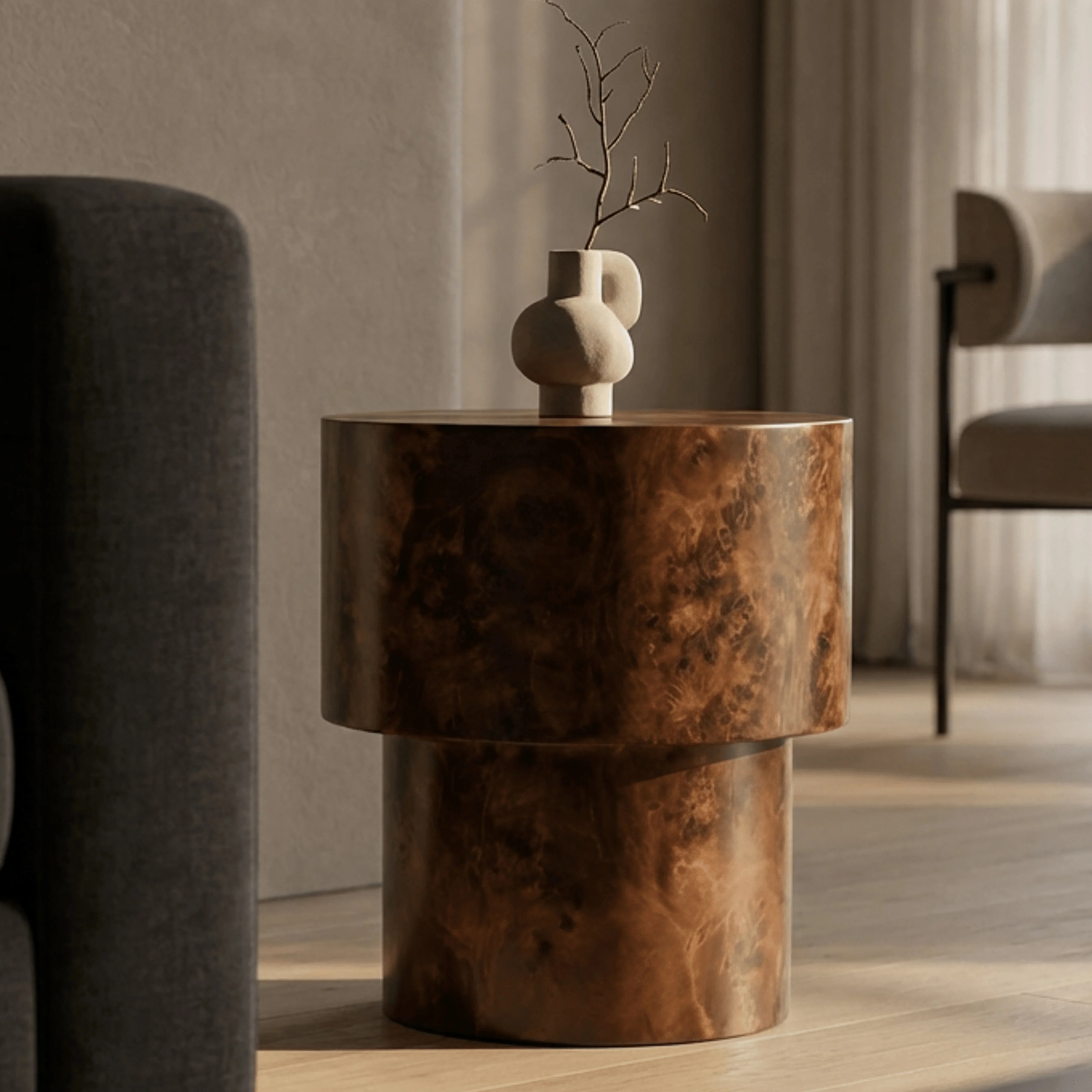 Dalton Round Wooden Side Table | Walnut Burl Wood - Image 2