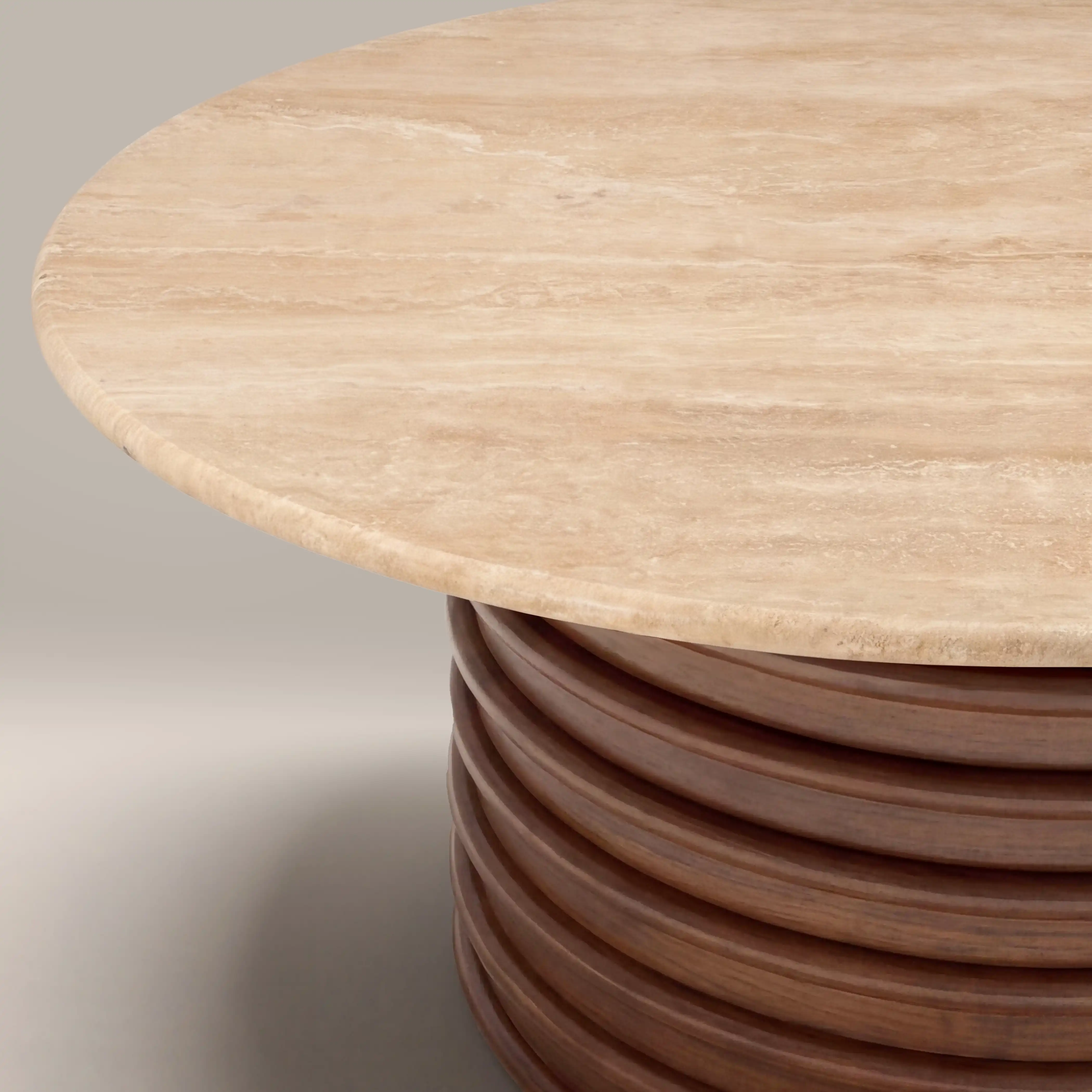 Dita Round Coffee Table | Natural Travertine & Walnut - Image 5