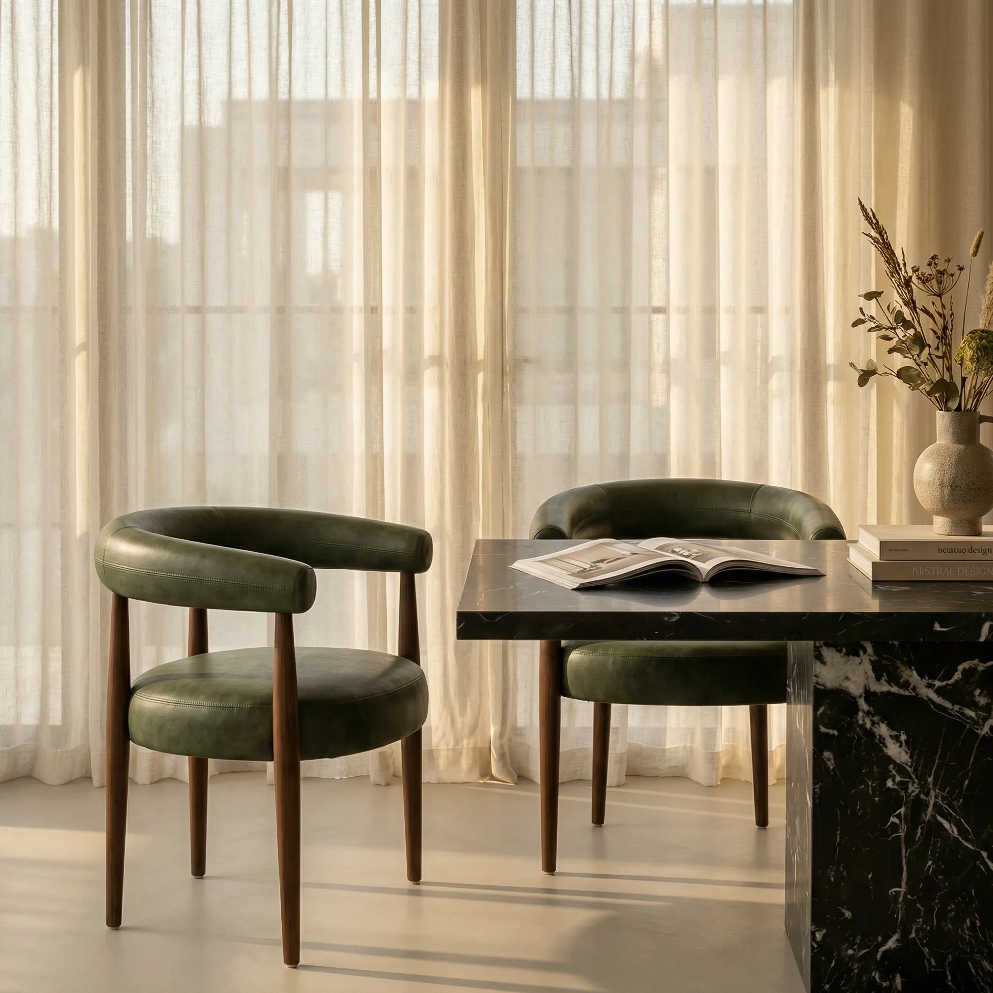 Elan Carver Dining Chair | Vintage Green Faux Leather & Walnut