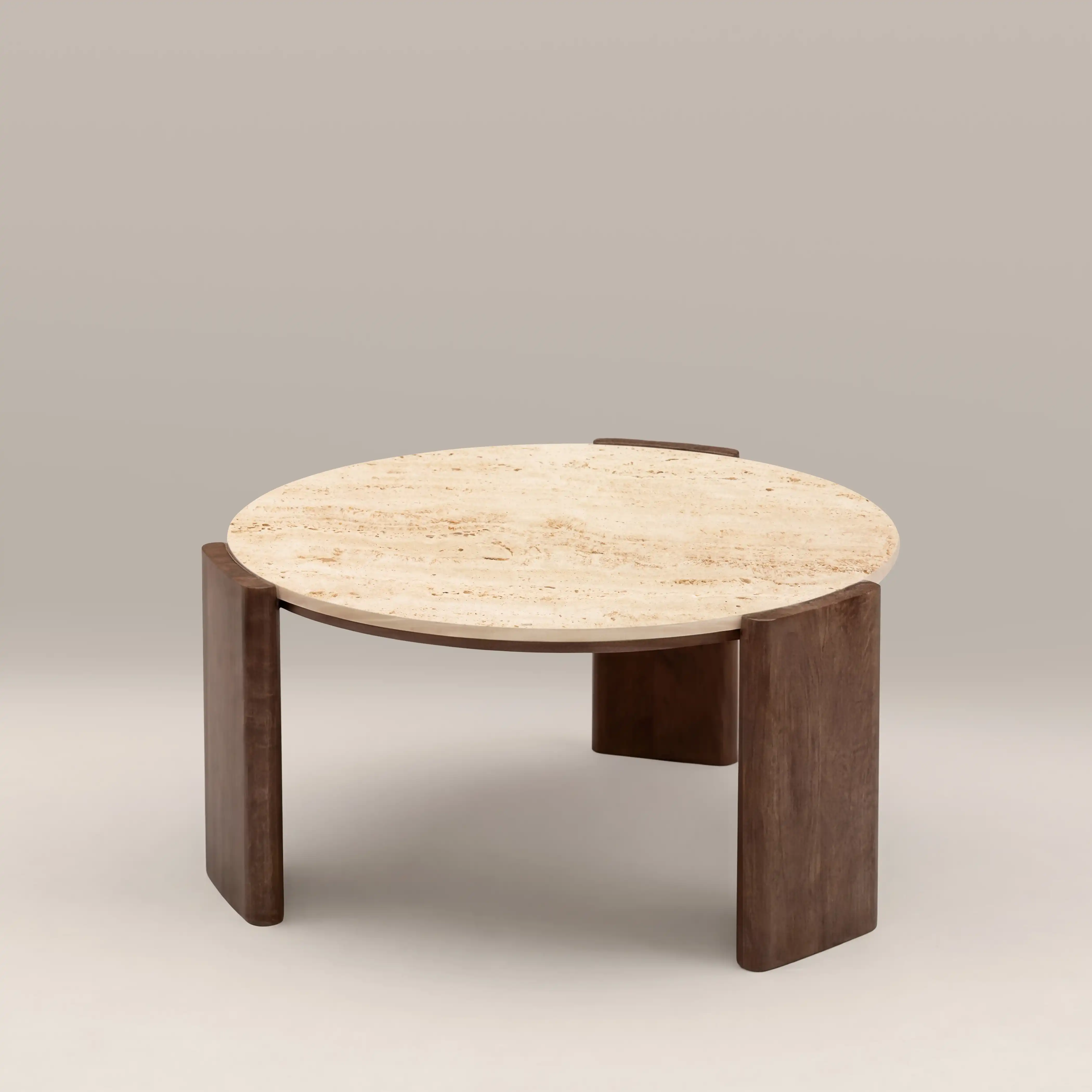 Emil Round Coffee Table | Natural Travertine & Walnut - Image 2