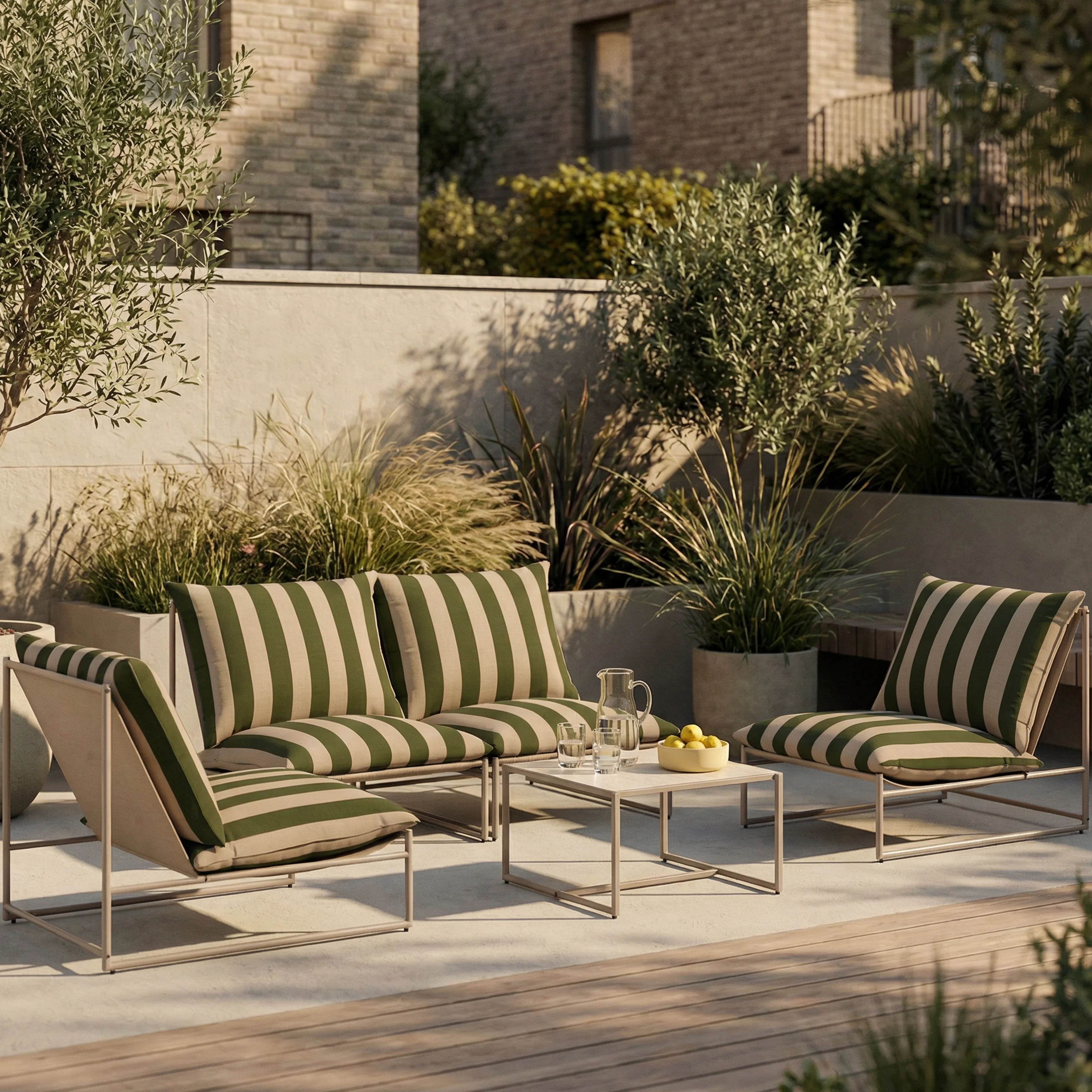 Enzo Garden Sofa Set | Moss Green Stripe & Taupe