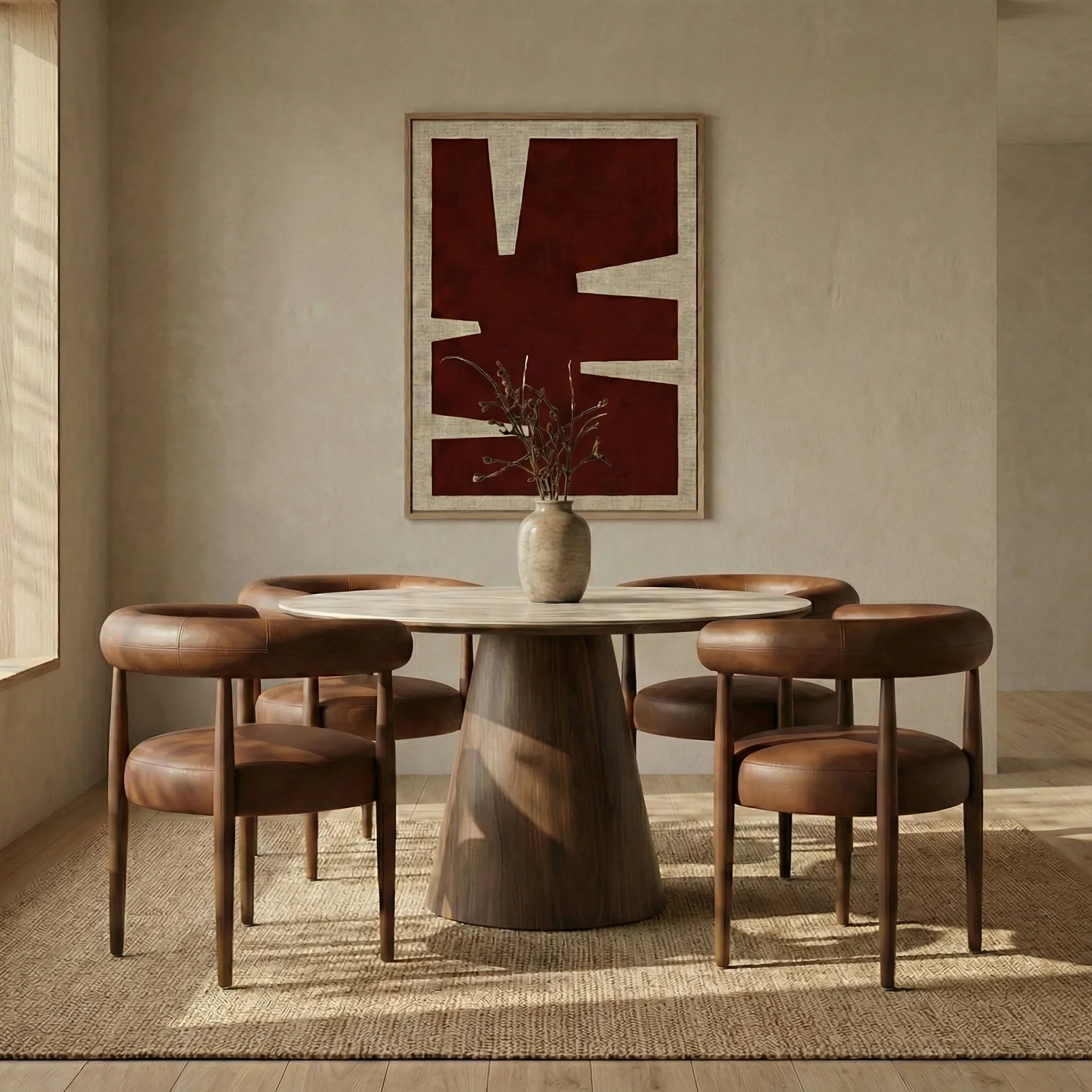Finnley Large 4 Seat Round Dining Table | Natural Travertine Effect Sintered Stone & Walnut - Image 2