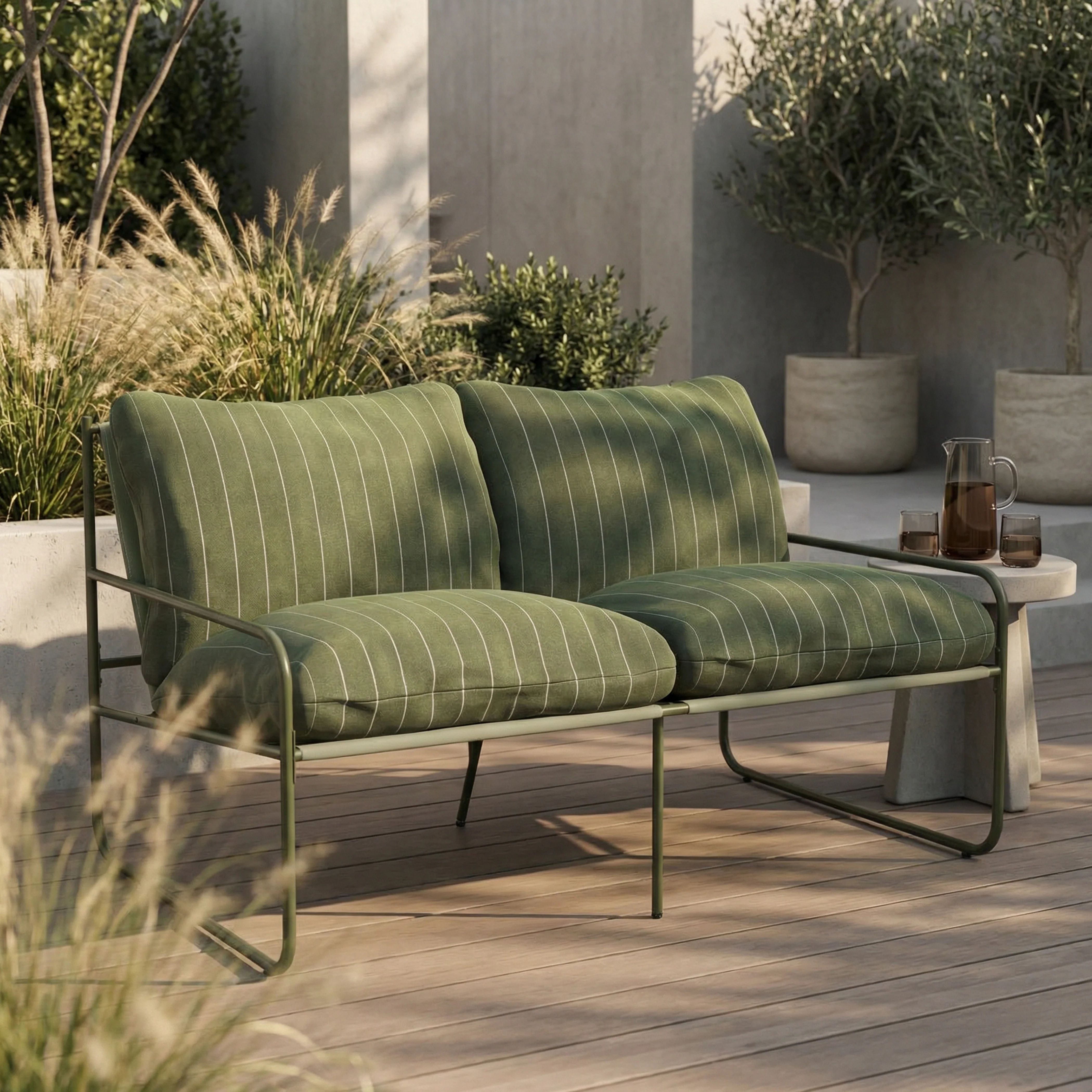Harris 2 Seater Garden Sofa |  Moss Green Stripe & Moss Green