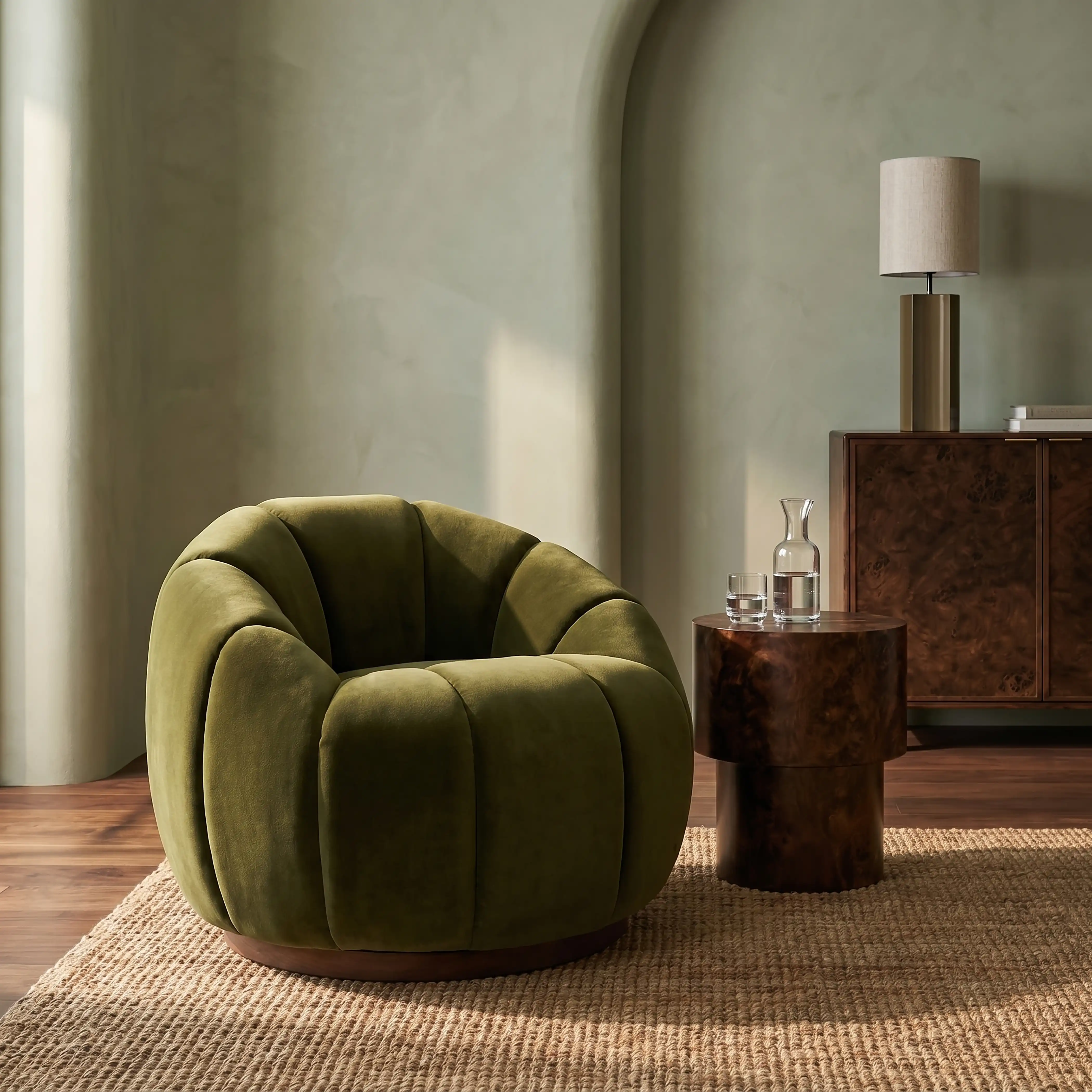 Ivy Swivel Armchair | Olive Green Sustainable Velvet & Walnut