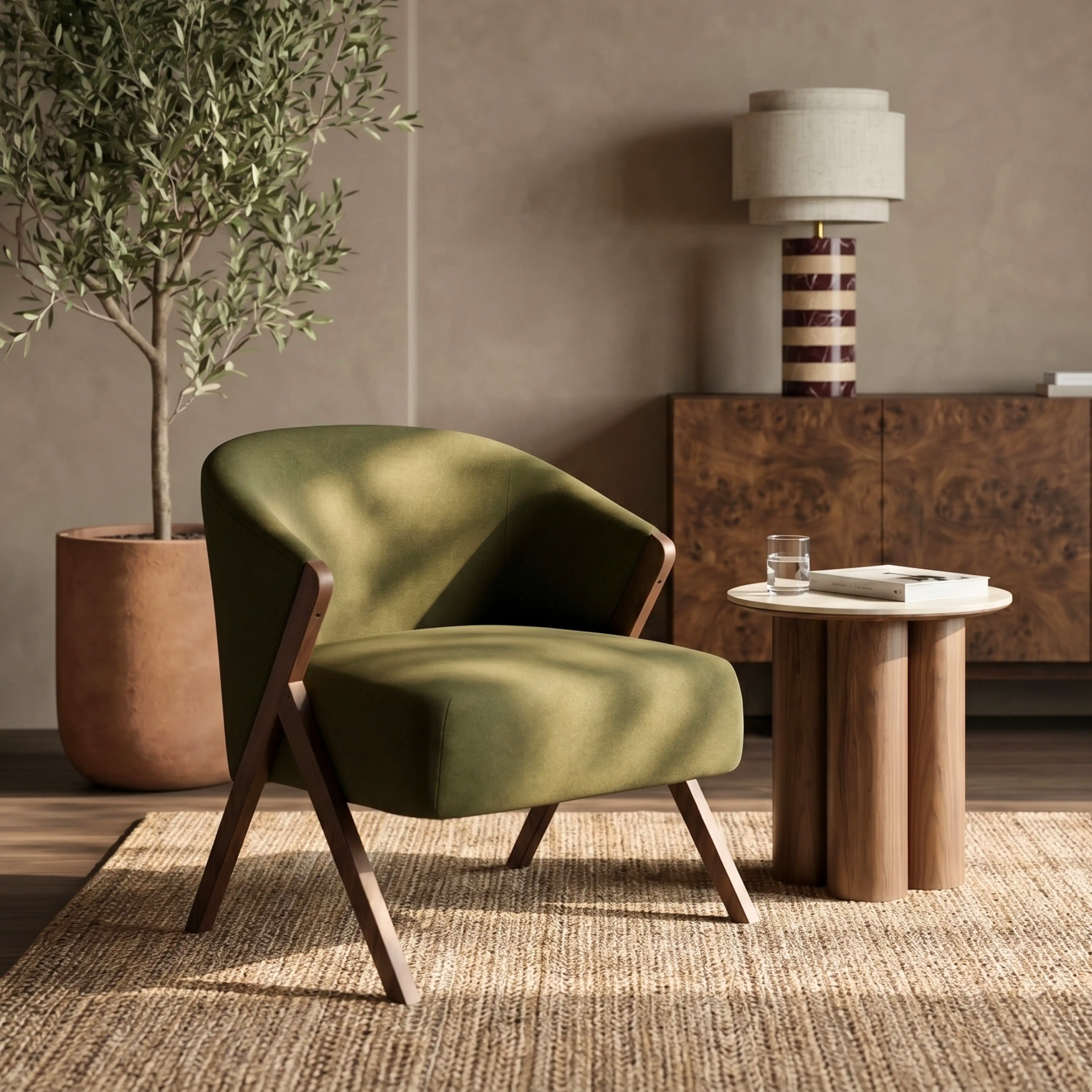 Kira Accent Chair | Moss Green Sustainable Mohair Velvet & Walnut - Image 2