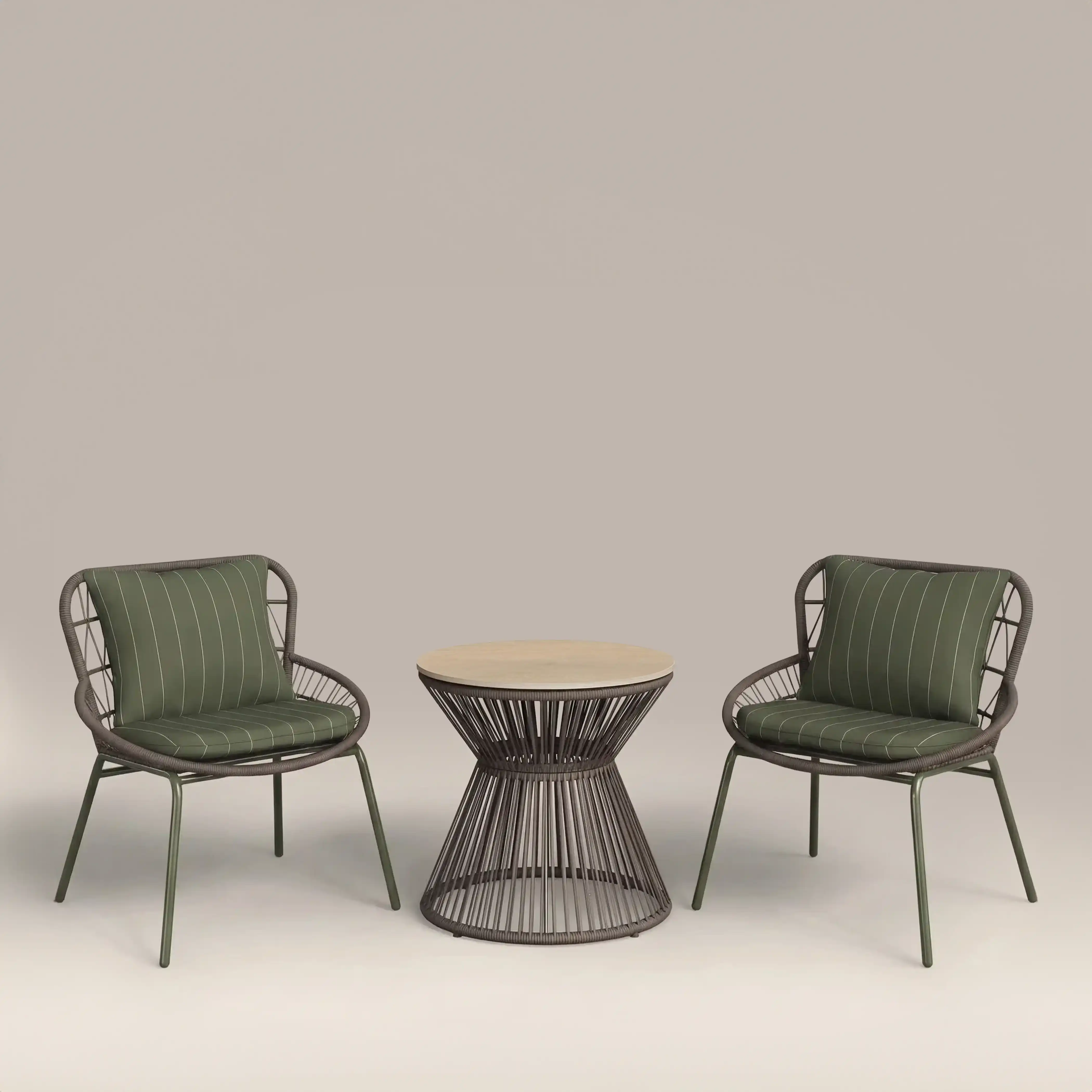 Loren Garden Bistro Lounge Set | Moss Green Stripe & Rattan - Image 2