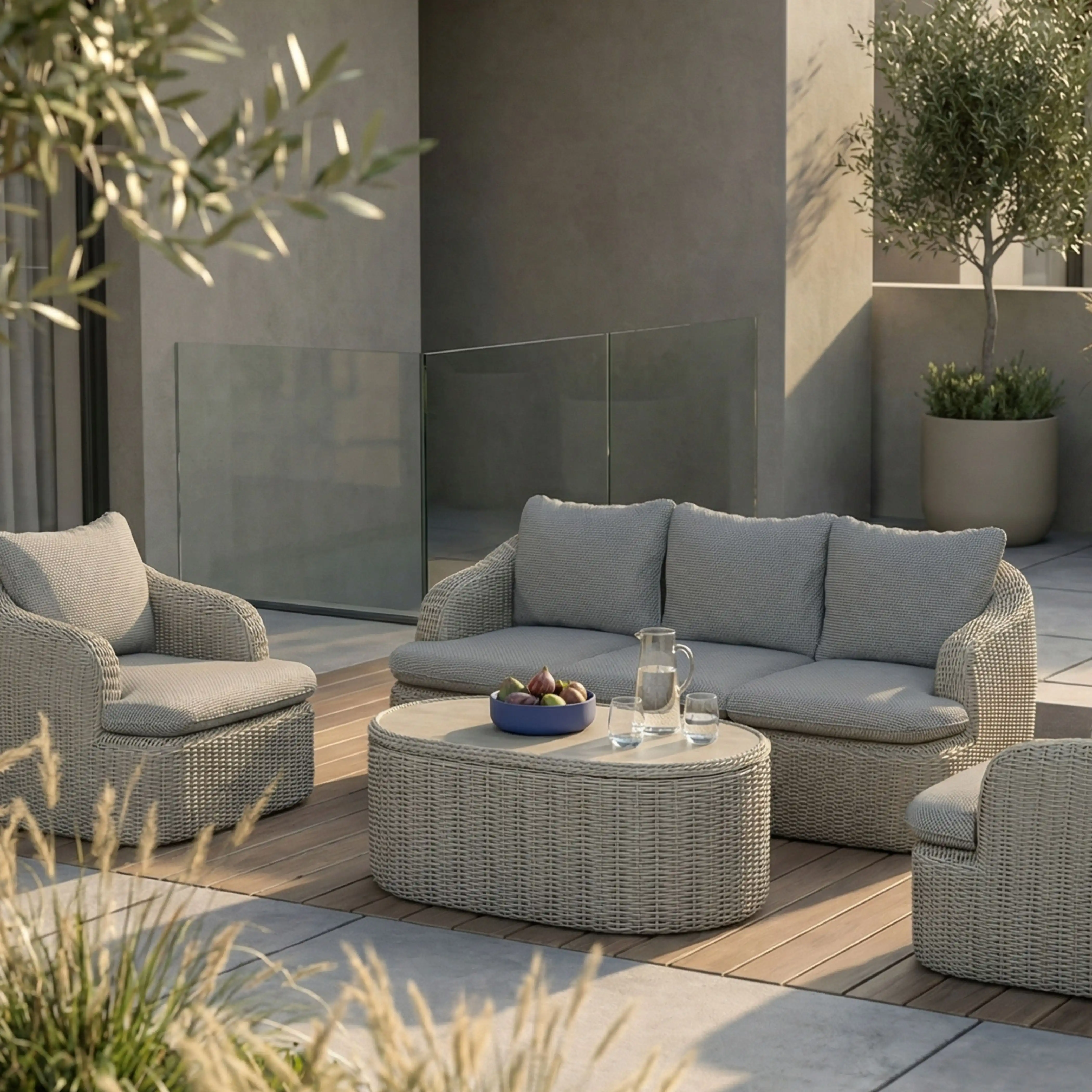 Lucia Garden Sofa Set | Dove Grey Pattern Fabric & Putty Grey Rattan