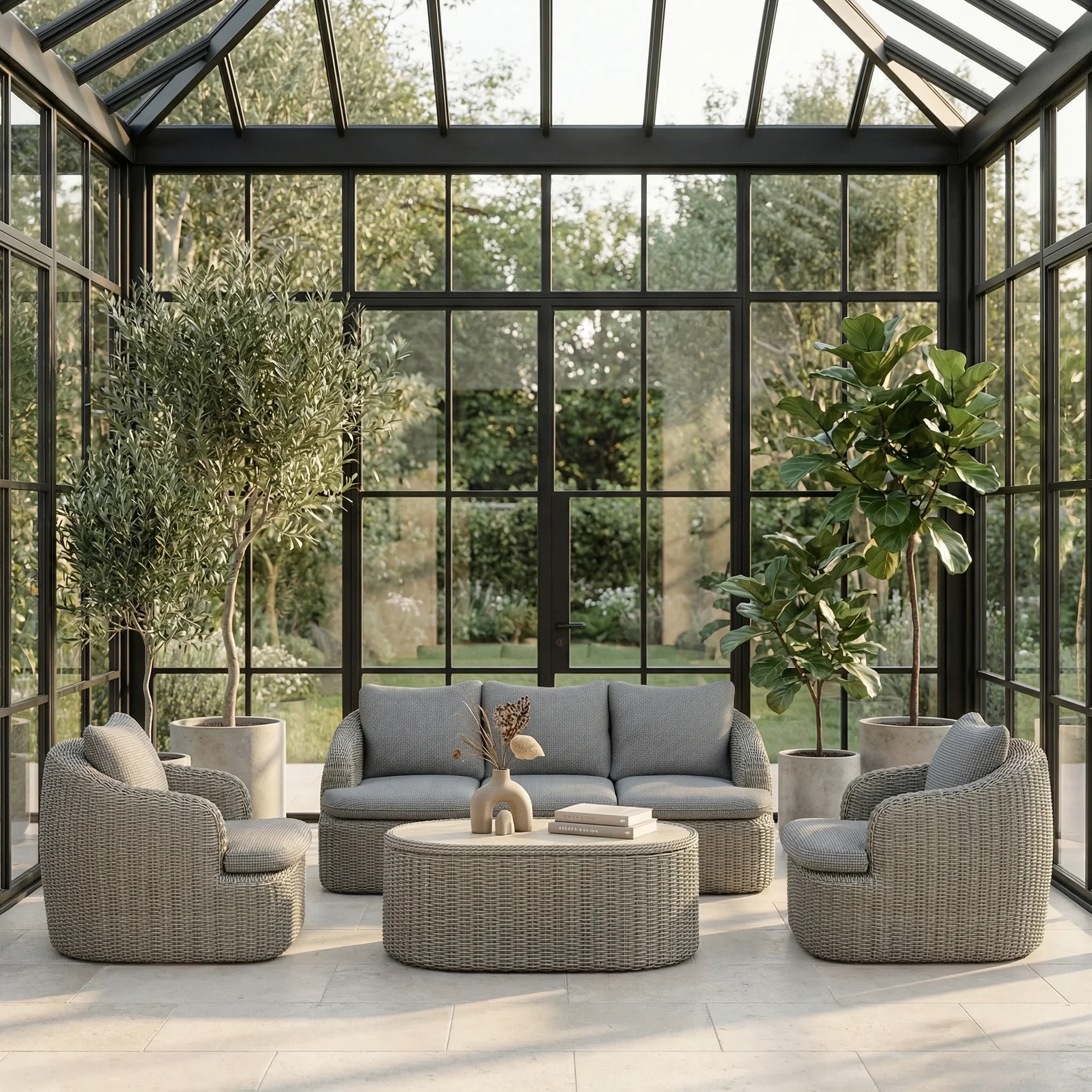Lucia Garden Sofa Set | Dove Grey Pattern Fabric & Putty Grey Rattan - Image 3