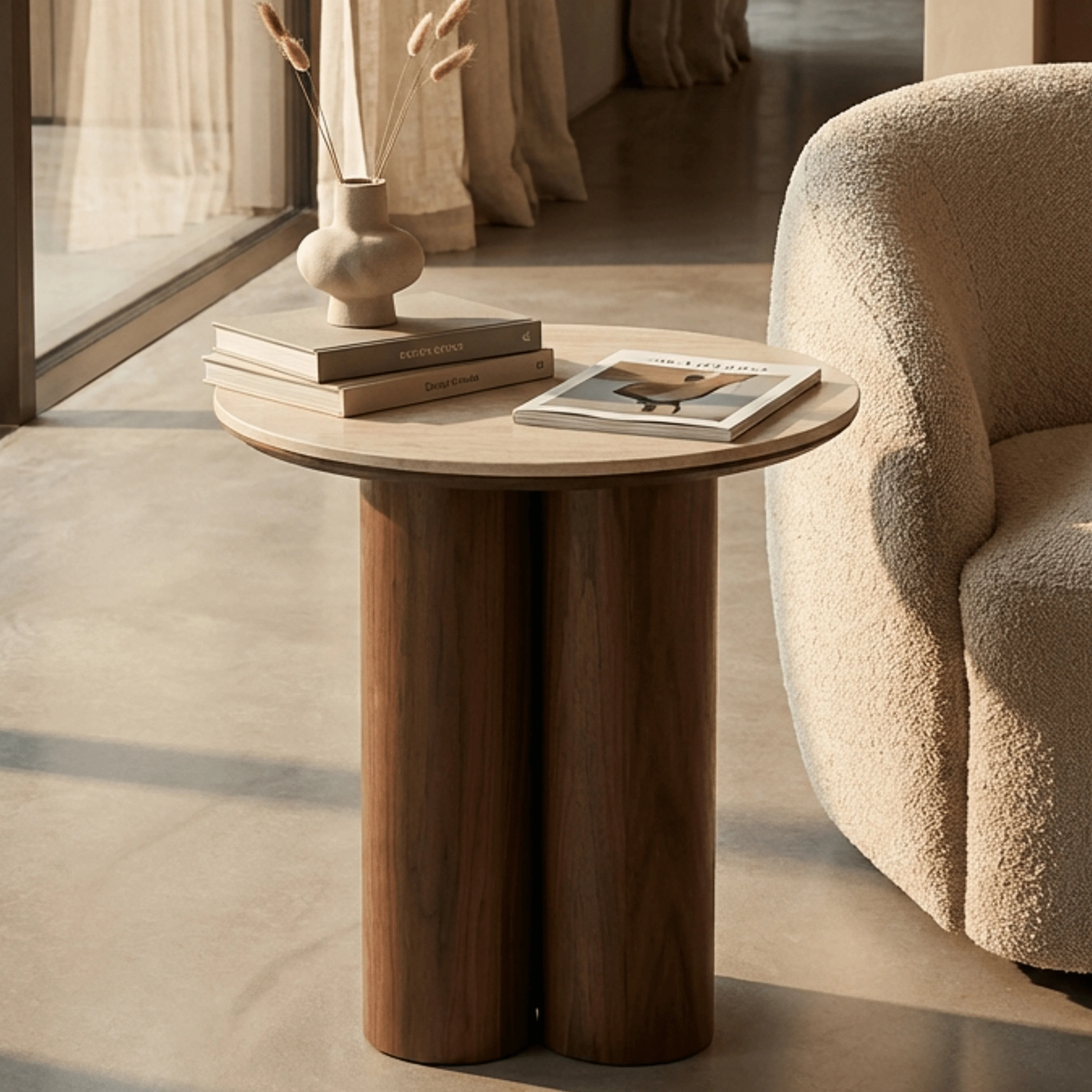 Noelle Round Side Table | Natural Travertine Effect Sintered Stone & Walnut - Image 2
