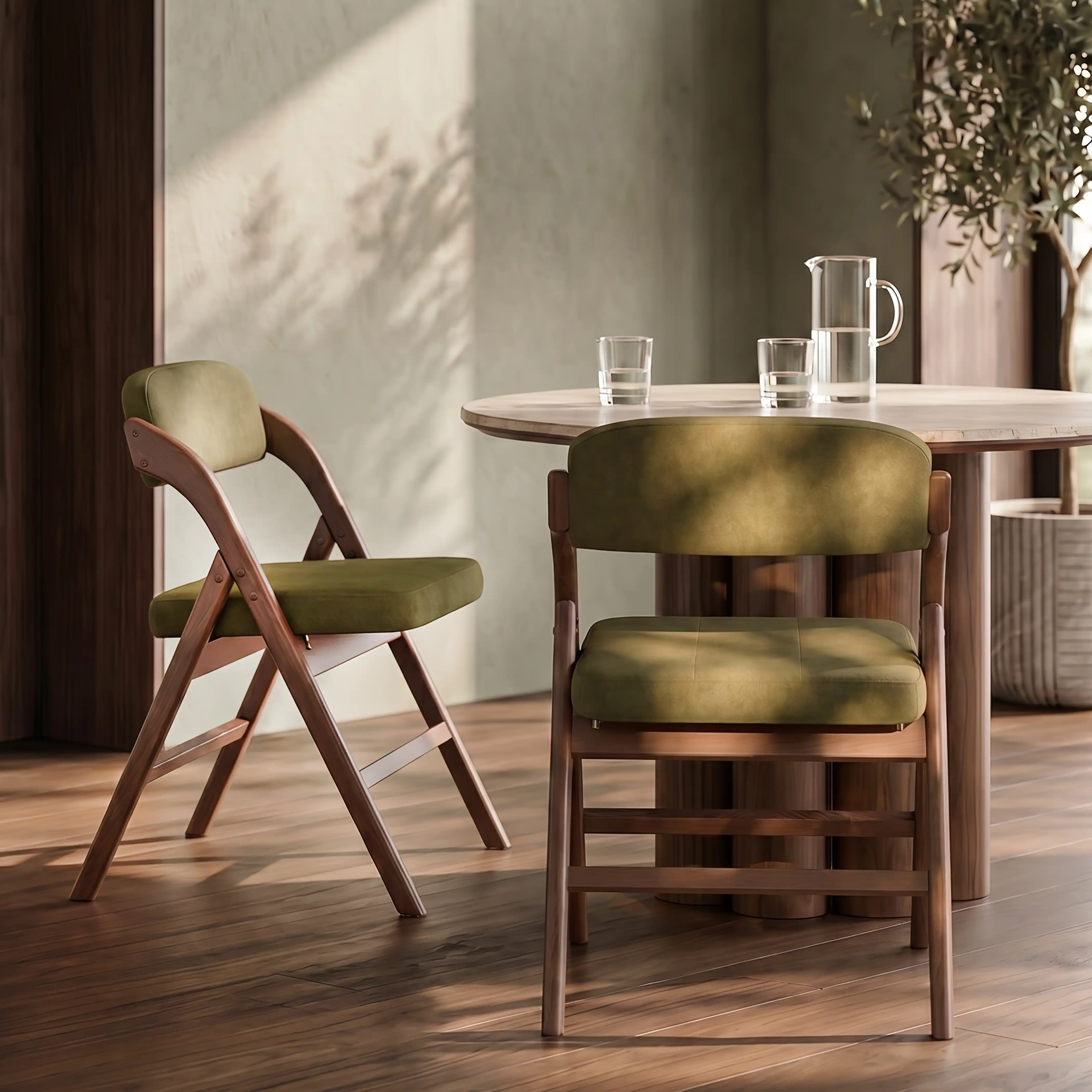 Nomad Folding Dining Chair | Moss Green Sustainable Mohair Velvet & Walnut - Image 2