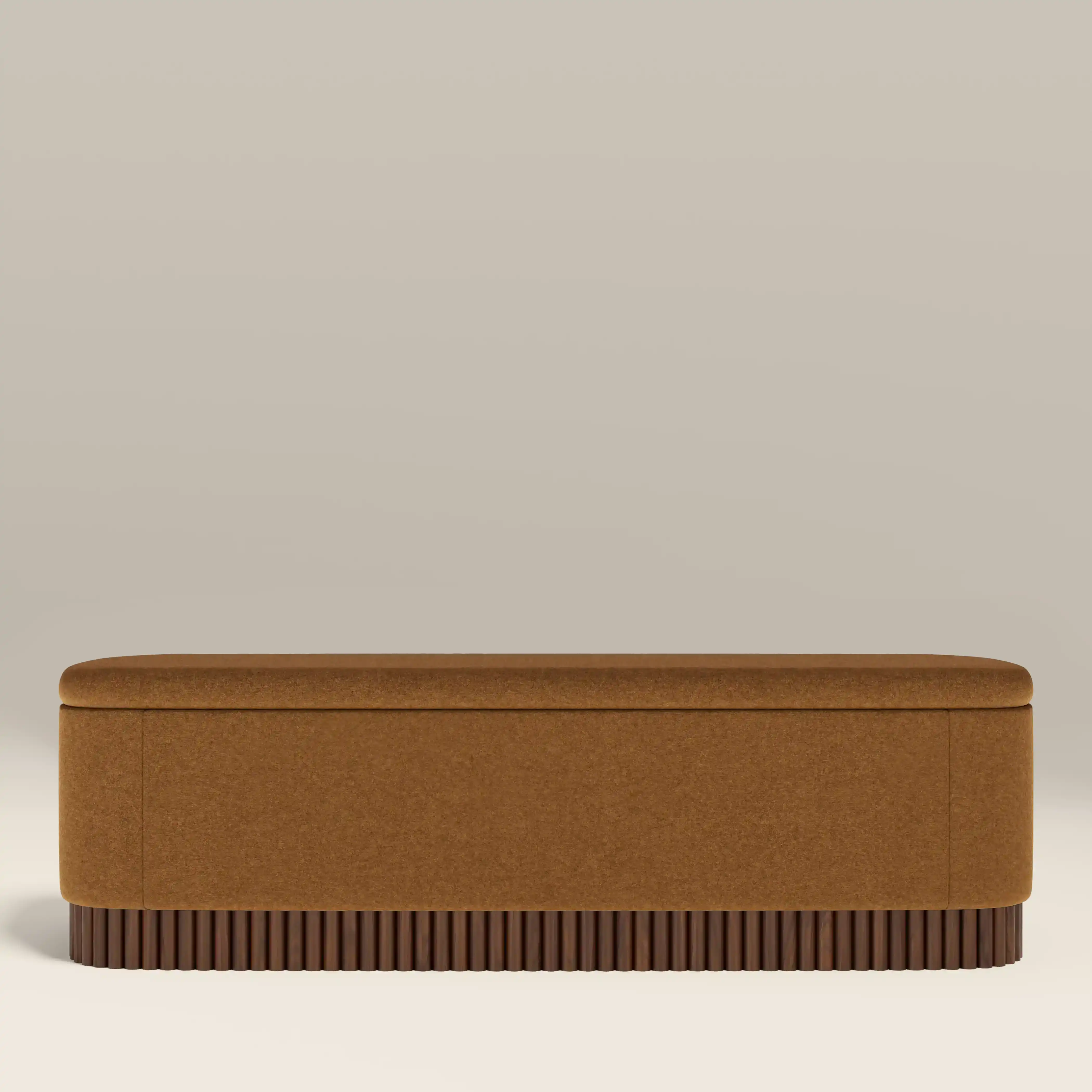 Oberon Storage Ottoman | Caramel Sustainable Mohair Velvet & Walnut
