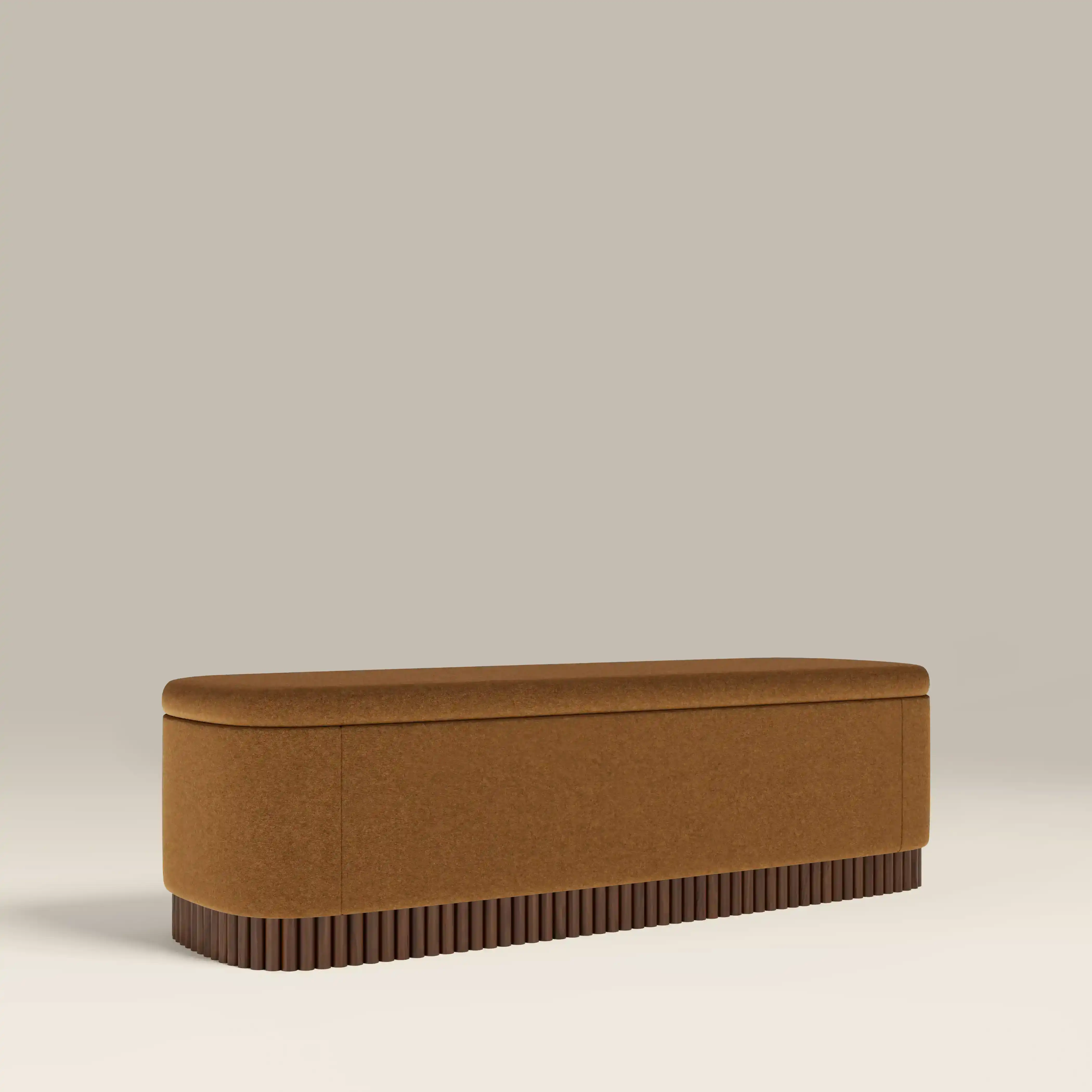 Oberon Storage Ottoman | Caramel Sustainable Mohair Velvet & Walnut - Image 2