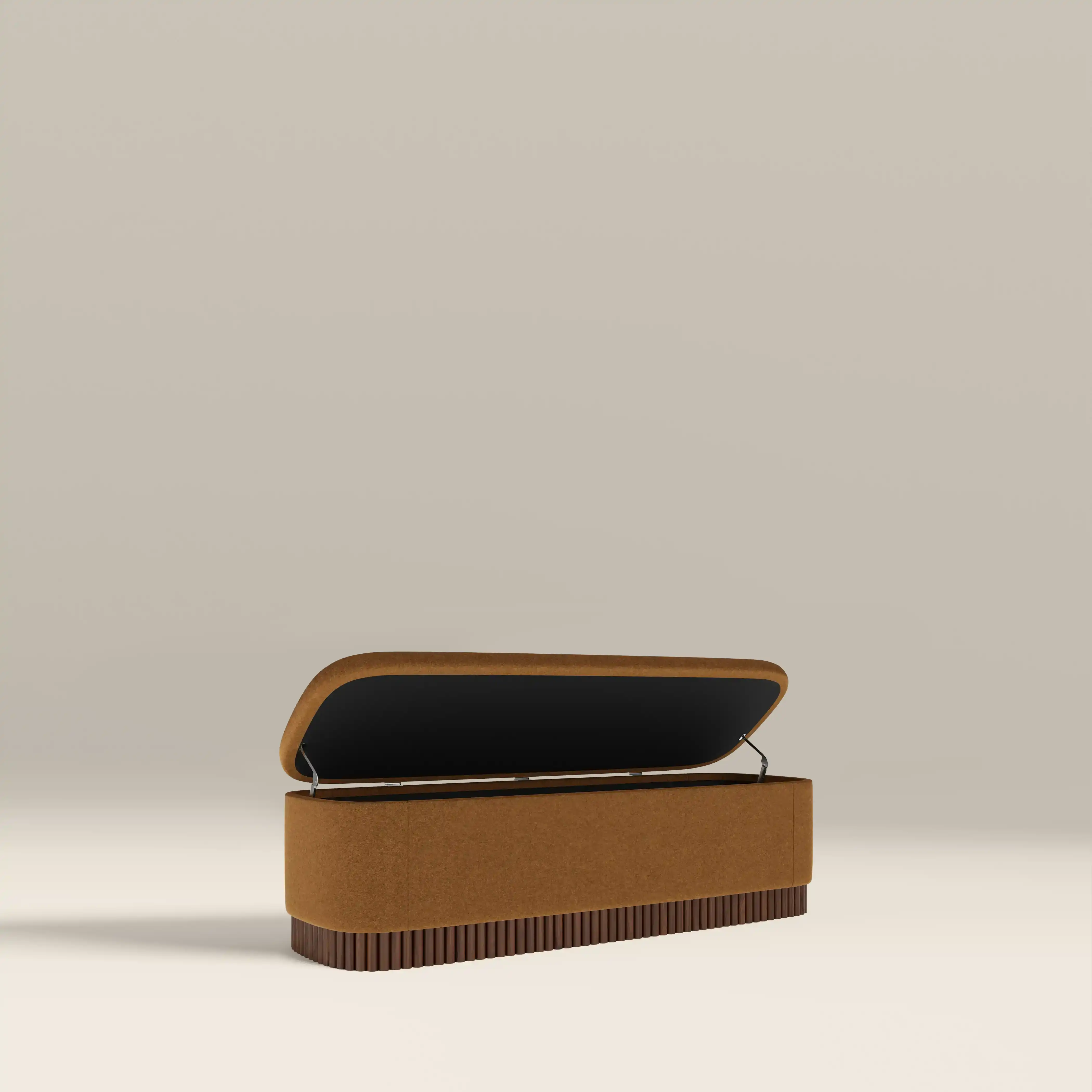 Oberon Storage Ottoman | Caramel Sustainable Mohair Velvet & Walnut - Image 4