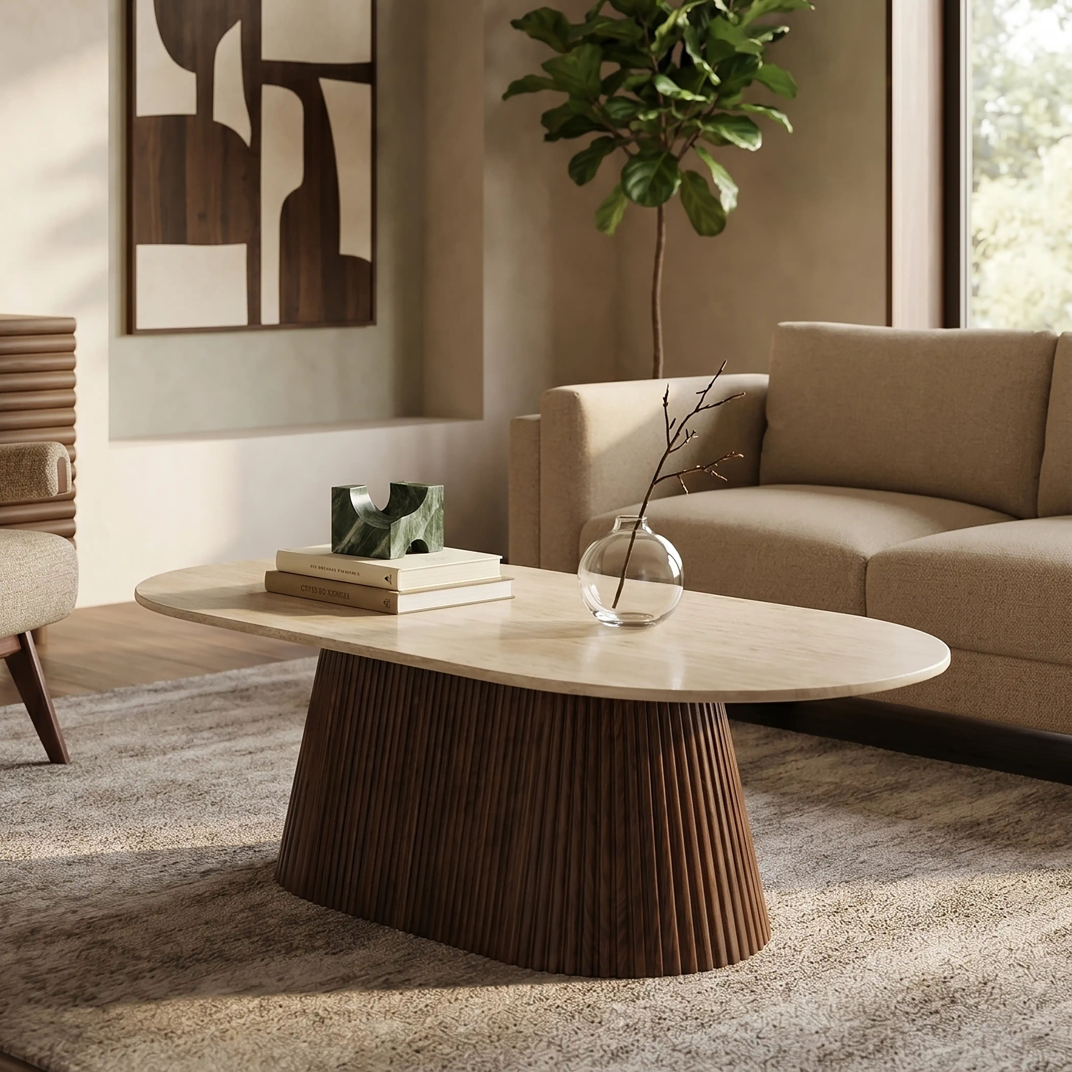 Oxborough Oval Coffee Table | Natural Travertine Effect Stone & Walnut - Image 2