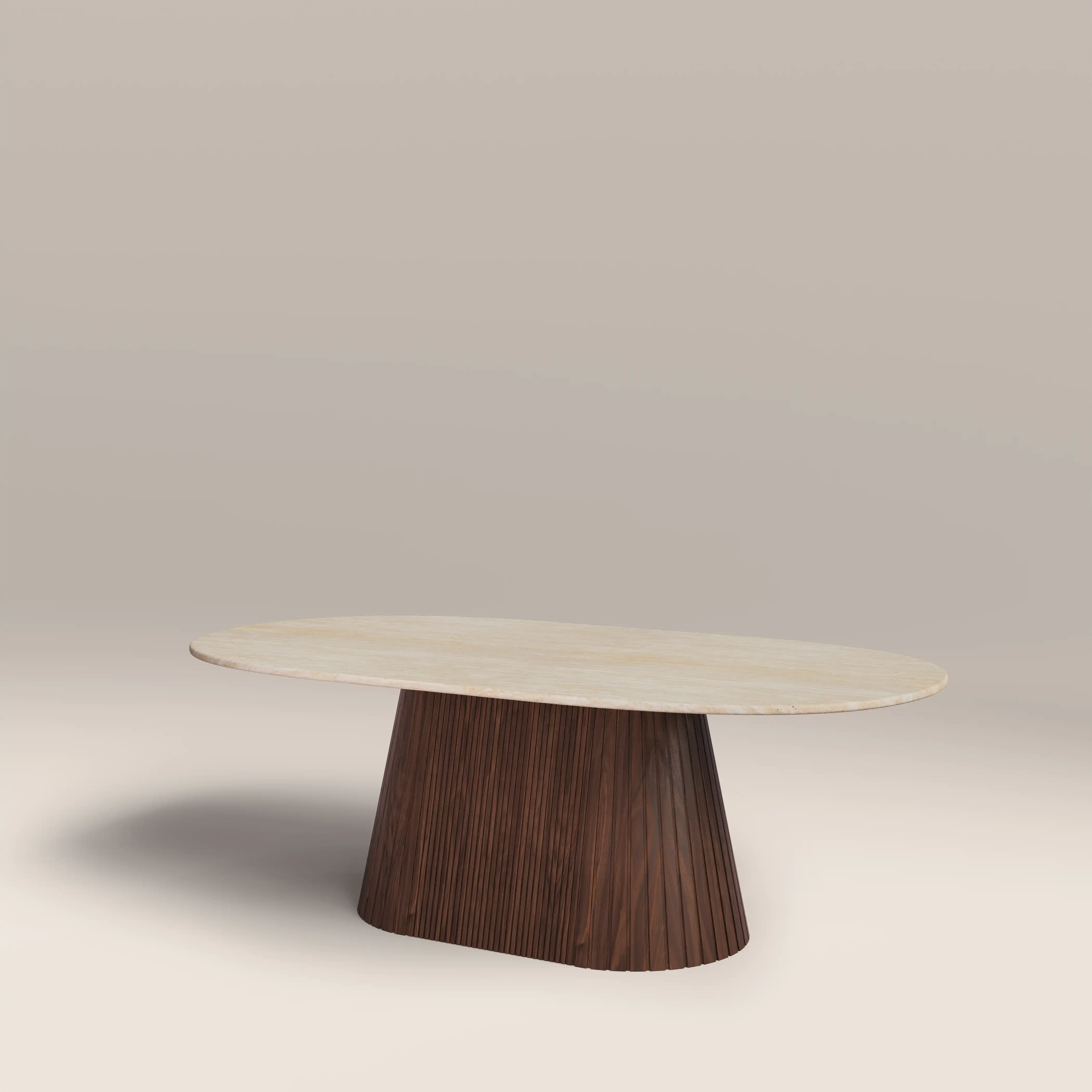 Oxborough Oval Coffee Table | Natural Travertine Effect Stone & Walnut - Image 4