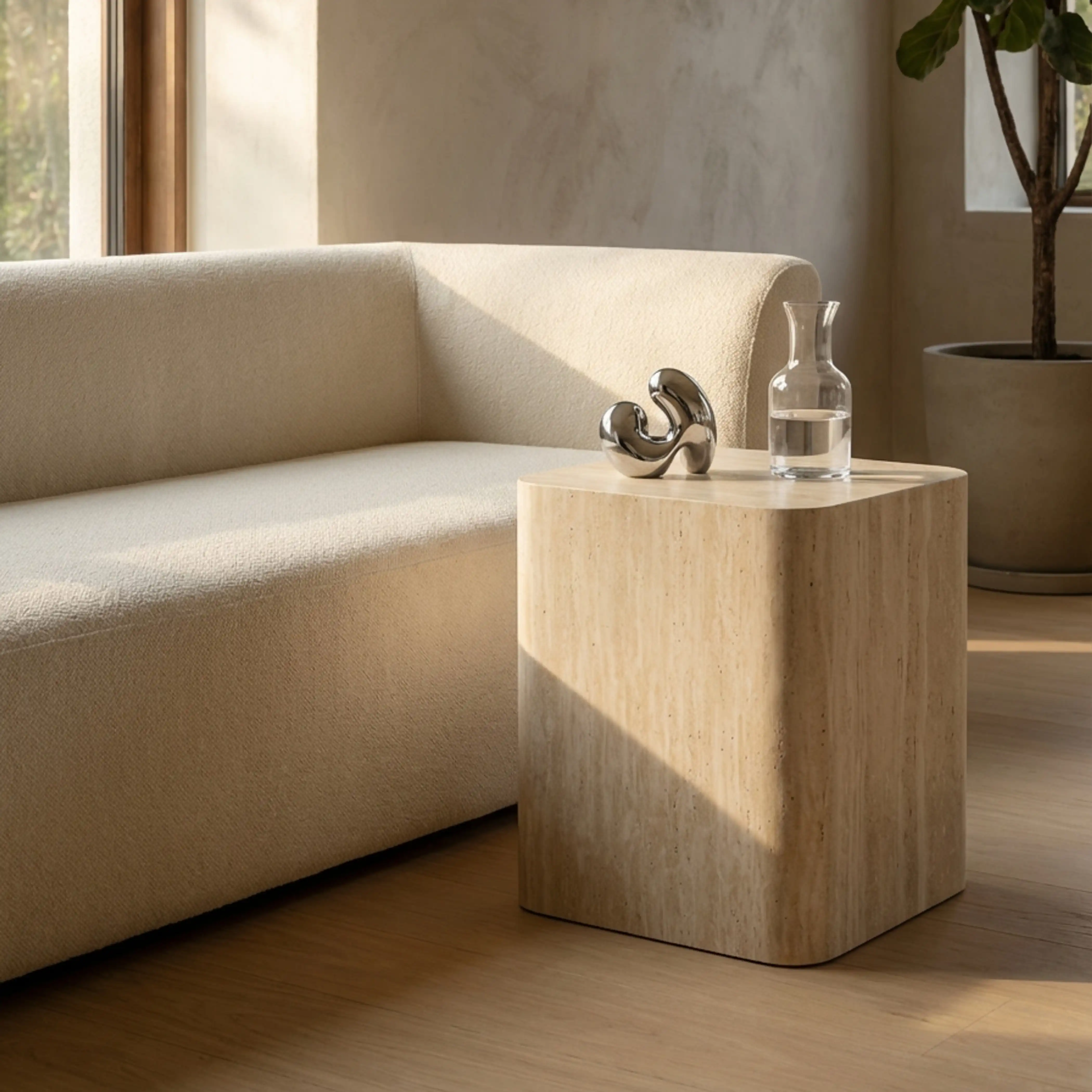 Sabel Square Side Table | Natural Travertine Effect