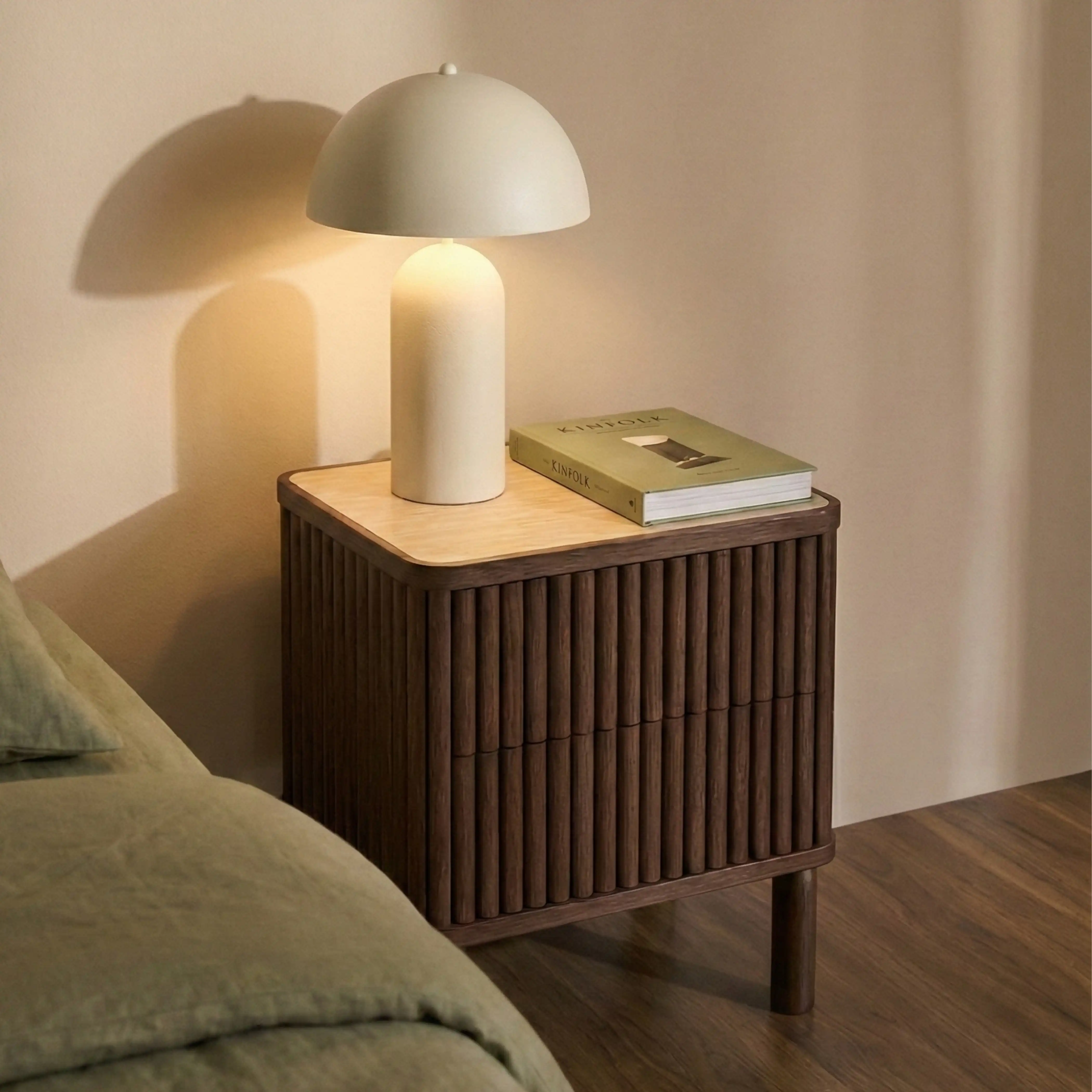 Santana 2 Drawer Bedside Table | Natural Travertine Effect Sintered Stone & Smoked Walnut