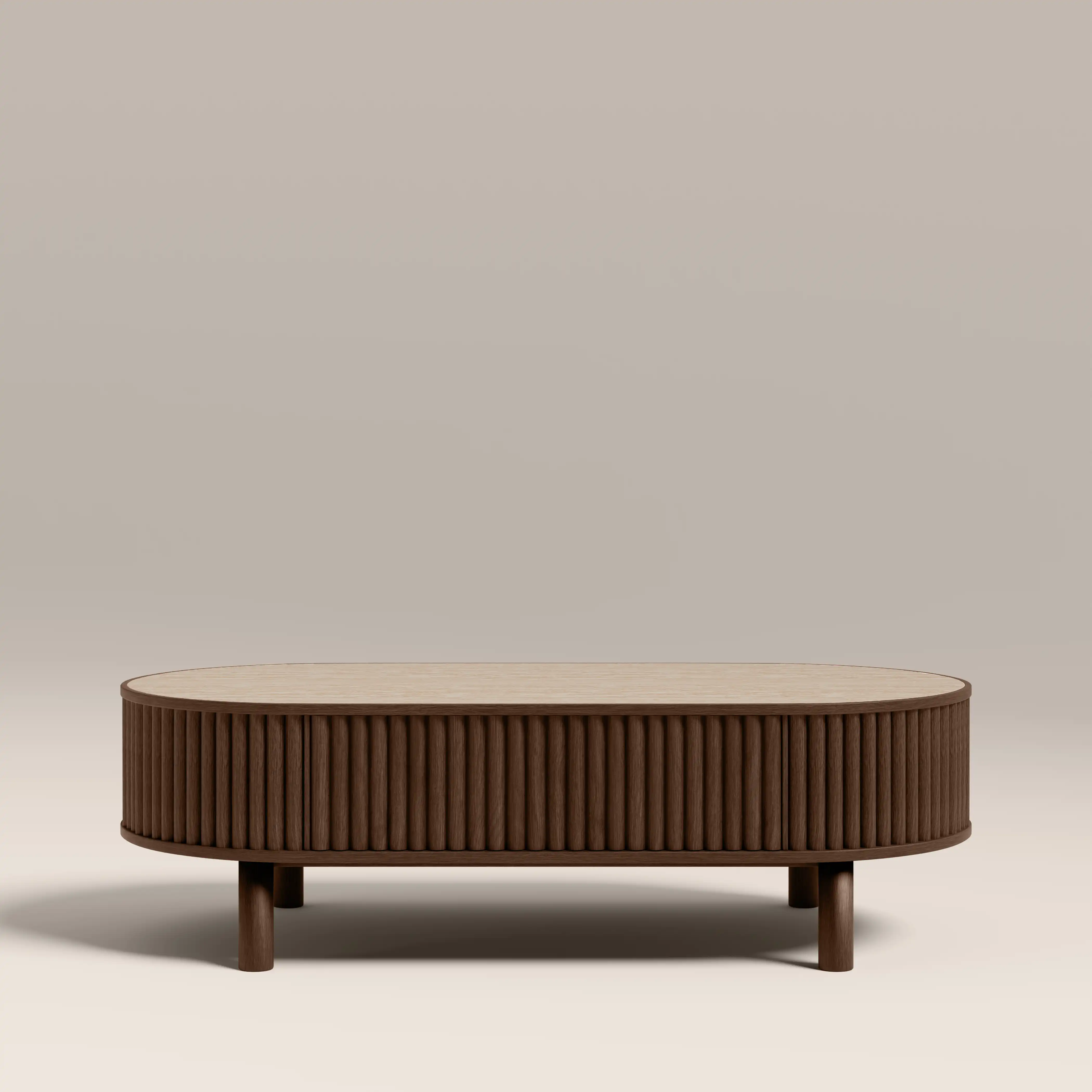 Santana Oval Storage Coffee Table | Natural Travertine Effect Sintered Stone & Smoked Walnut