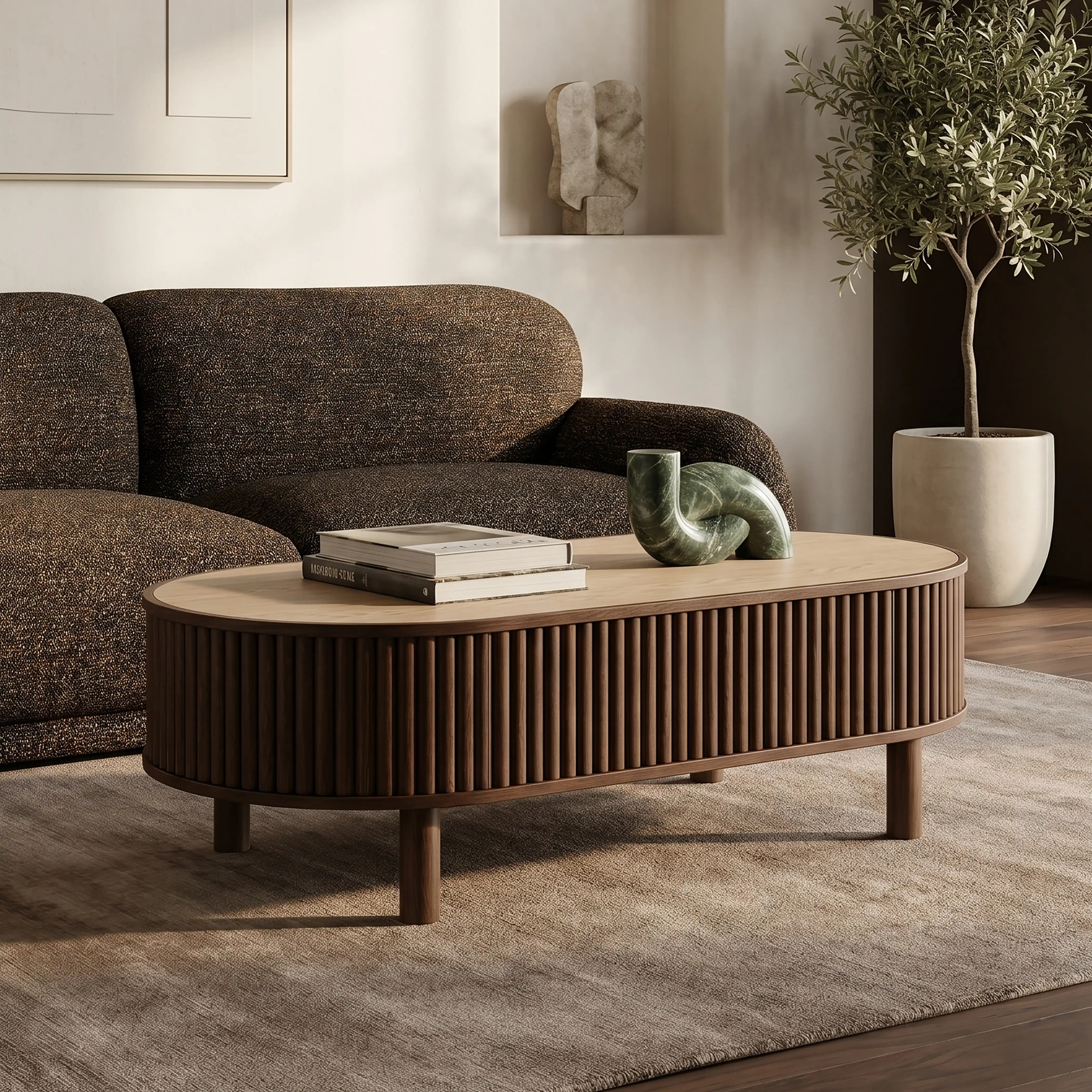 Santana Oval Storage Coffee Table | Natural Travertine Effect Sintered Stone & Smoked Walnut - Image 2