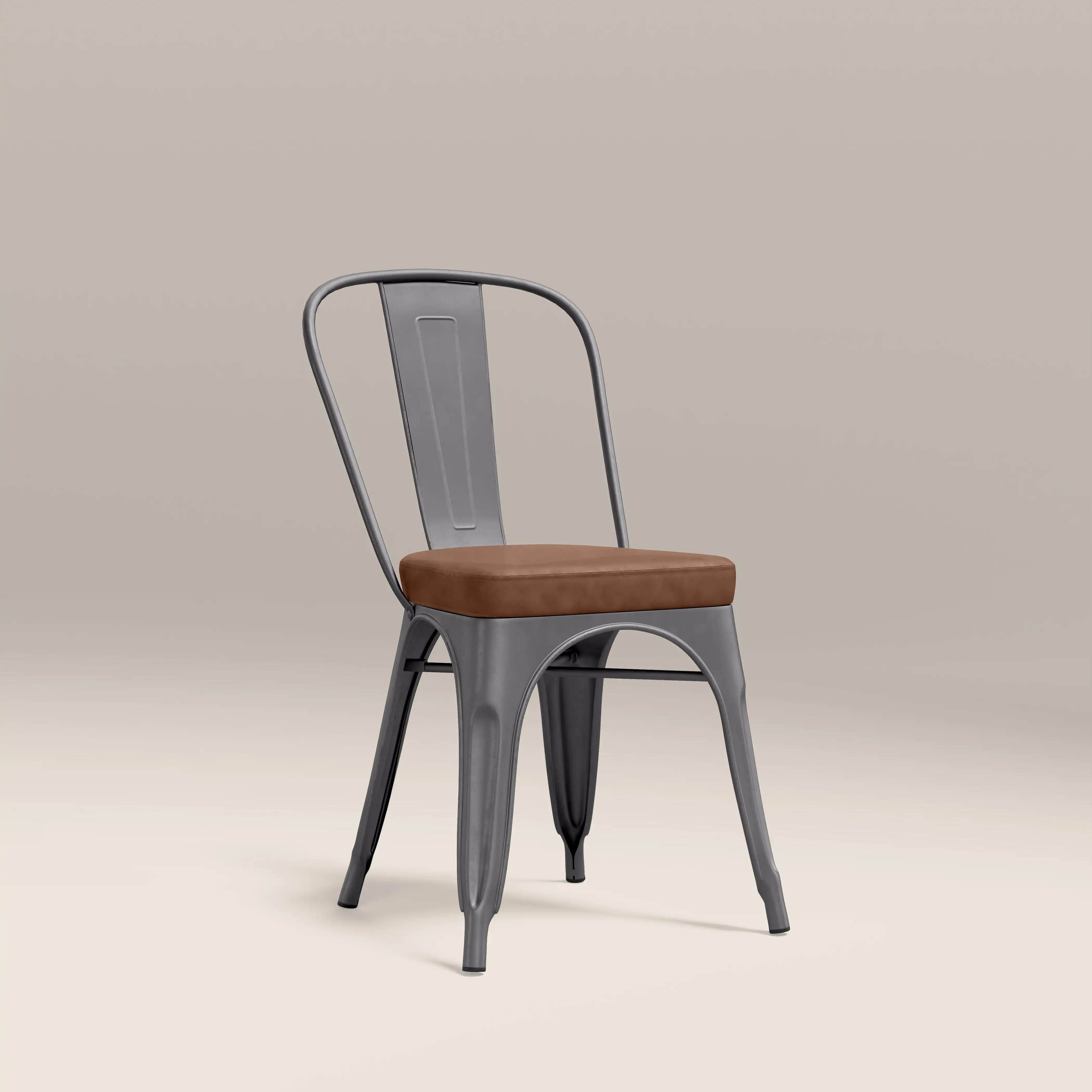 Tolix Style Stackable Dining Chair | Tan Faux Leather & Gunmetal