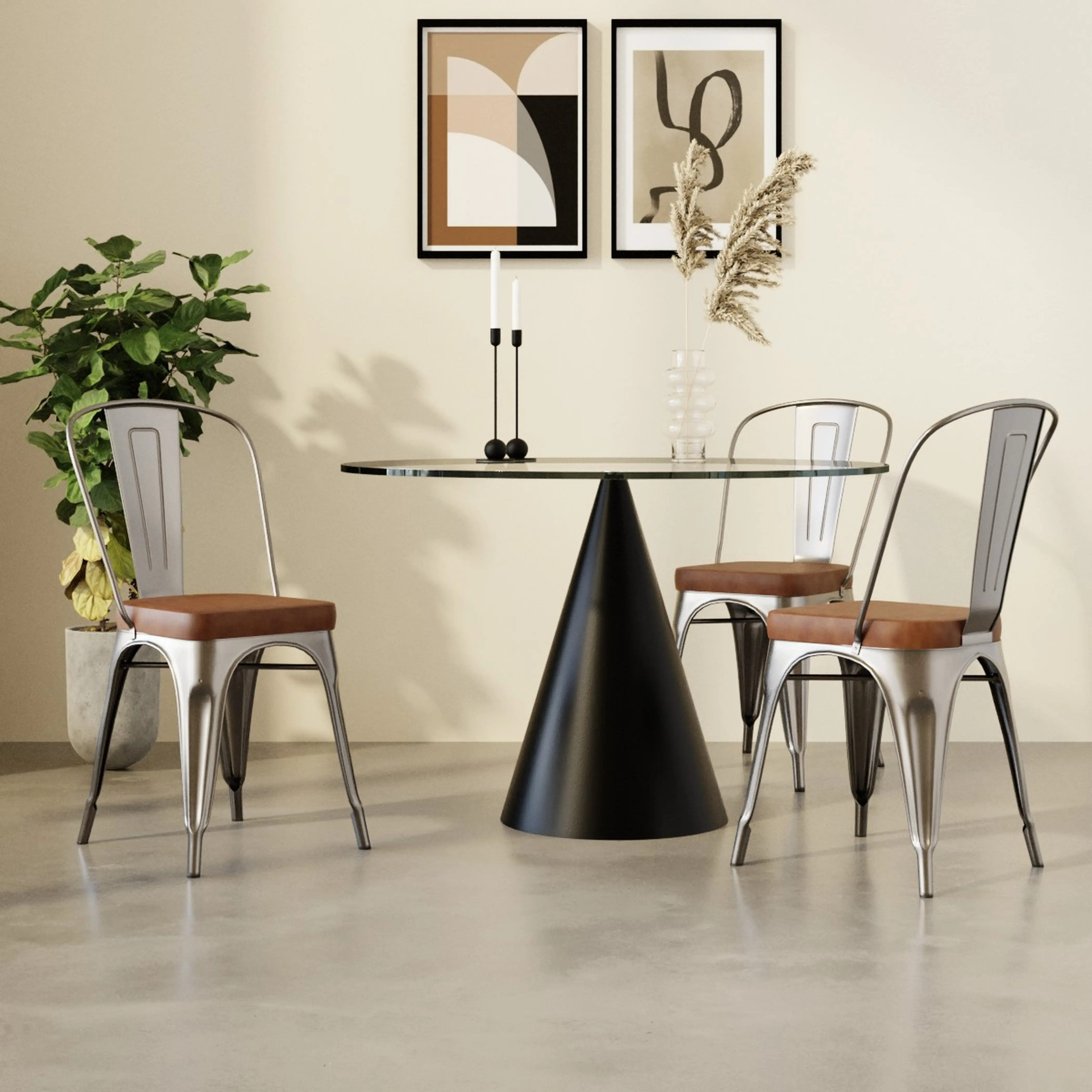 Tolix Style Stackable Dining Chair | Tan Faux Leather & Gunmetal - Image 2