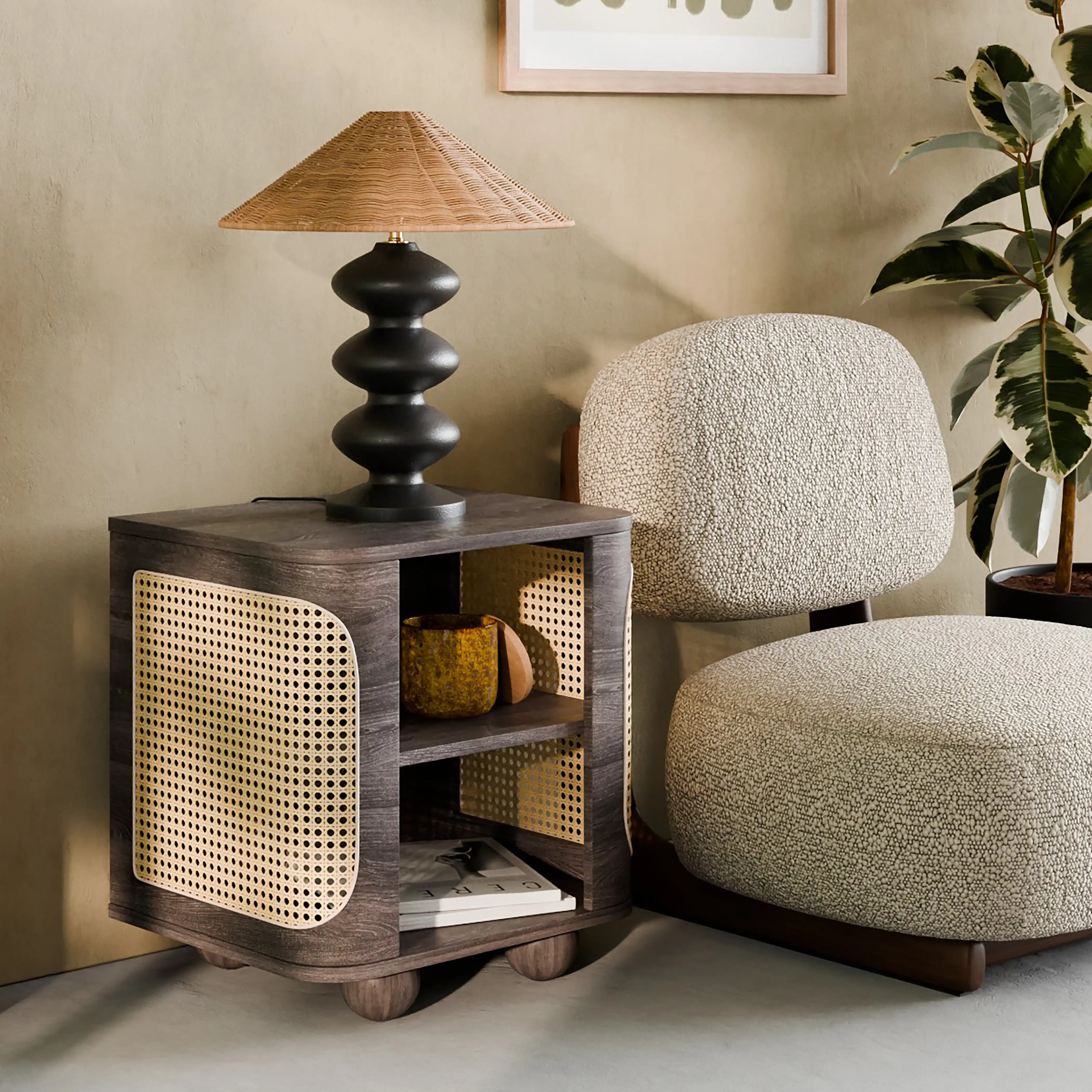 Una Square Wooden Side Table | Walnut & Cane